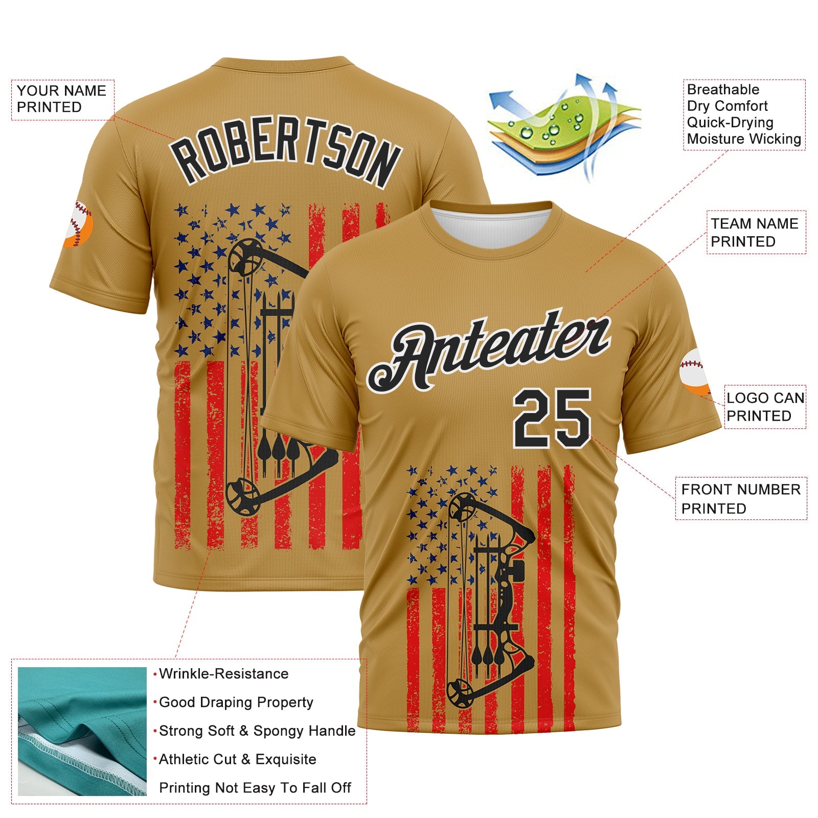 Custom Old Gold Black Fire Red-White 3D Pattern Design Arrow Archery Bow Target American Flag Performance T-Shirt