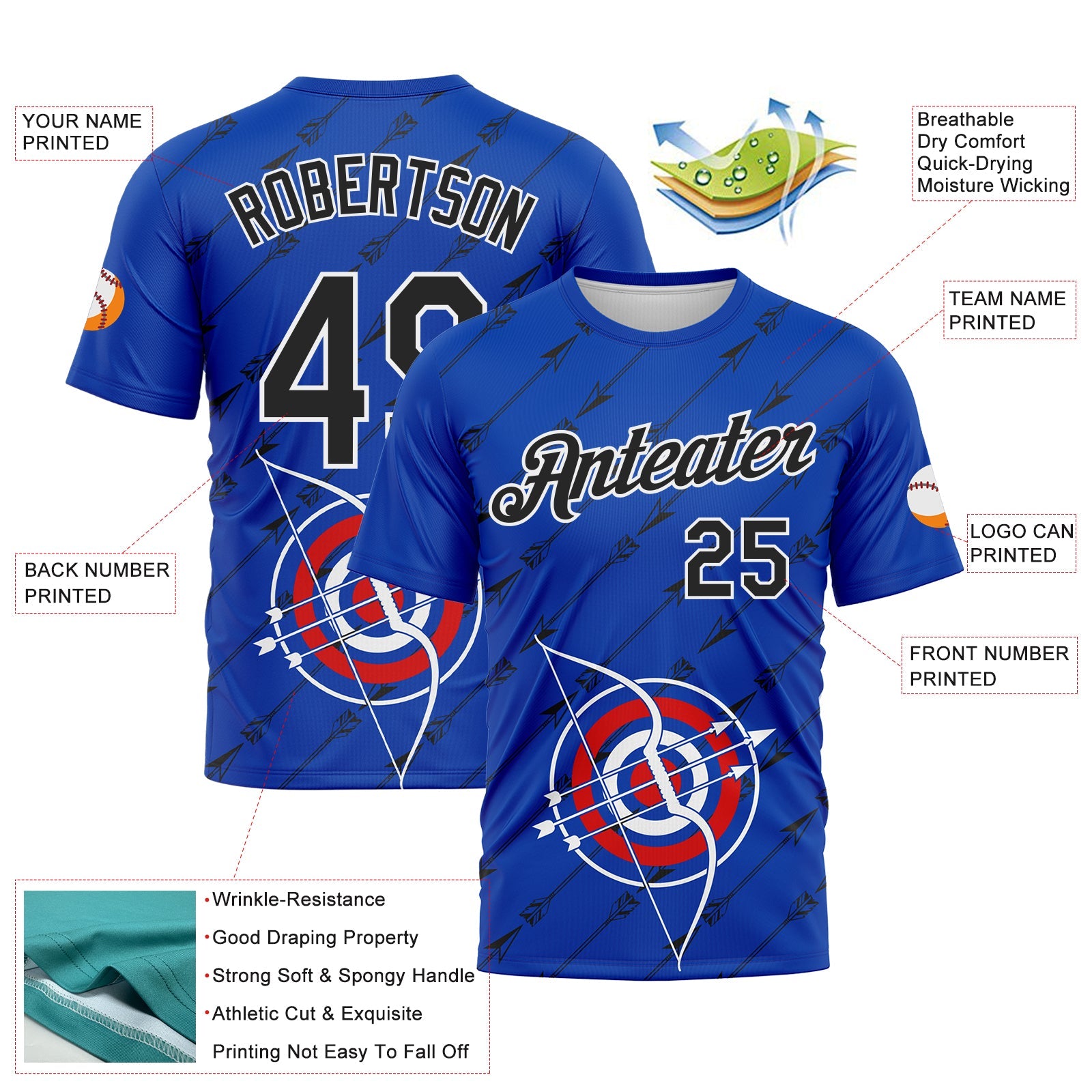 Custom Thunder Blue Black-White 3D Pattern Design Arrow Archery Bow Target Performance T-Shirt