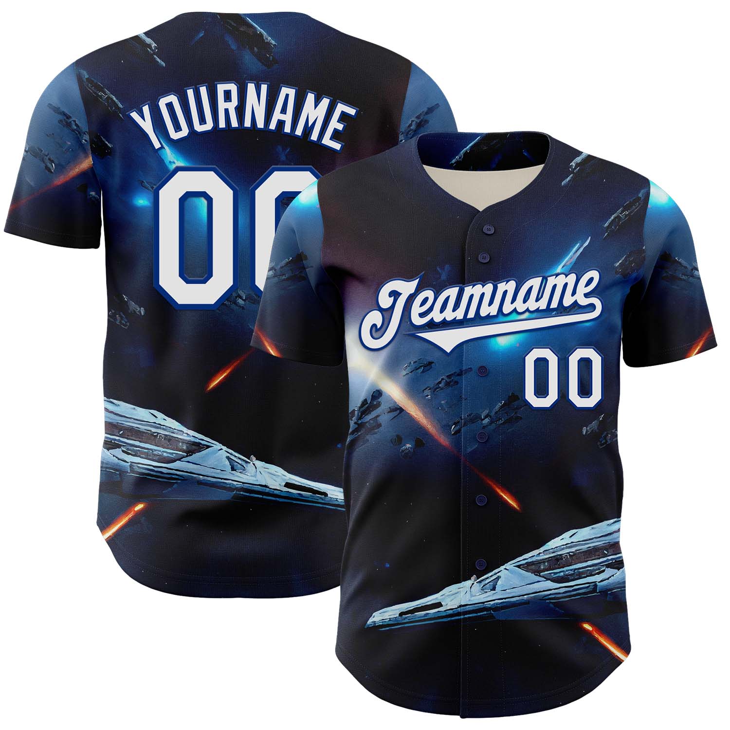 Custom Blue White-Royal 3D Pattern Design Outer Space Starships Authentic Baseball Jersey