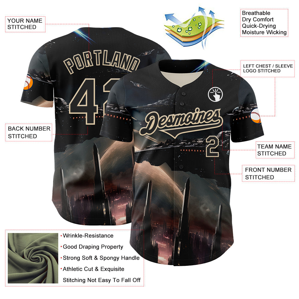 Custom Black City Cream 3D Pattern Design Outer Space Starships Authentic Baseball Jersey