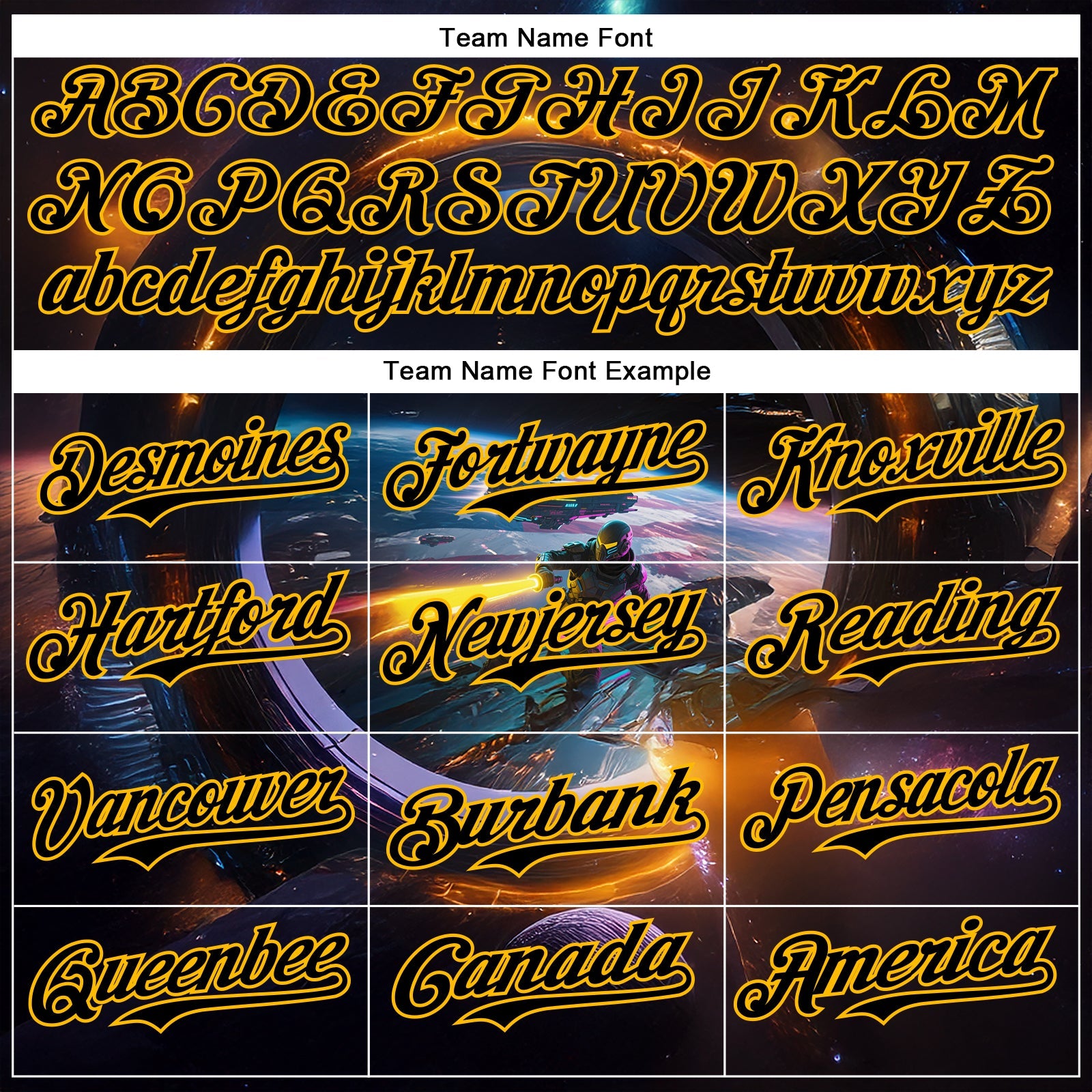 Custom Black Gold 3D Pattern Design Outer Space Light Swords Starships Authentic Baseball Jersey