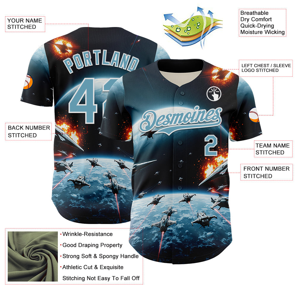 Custom Blue Shadow Blue-White 3D Pattern Design Outer Space Starships Authentic Baseball Jersey