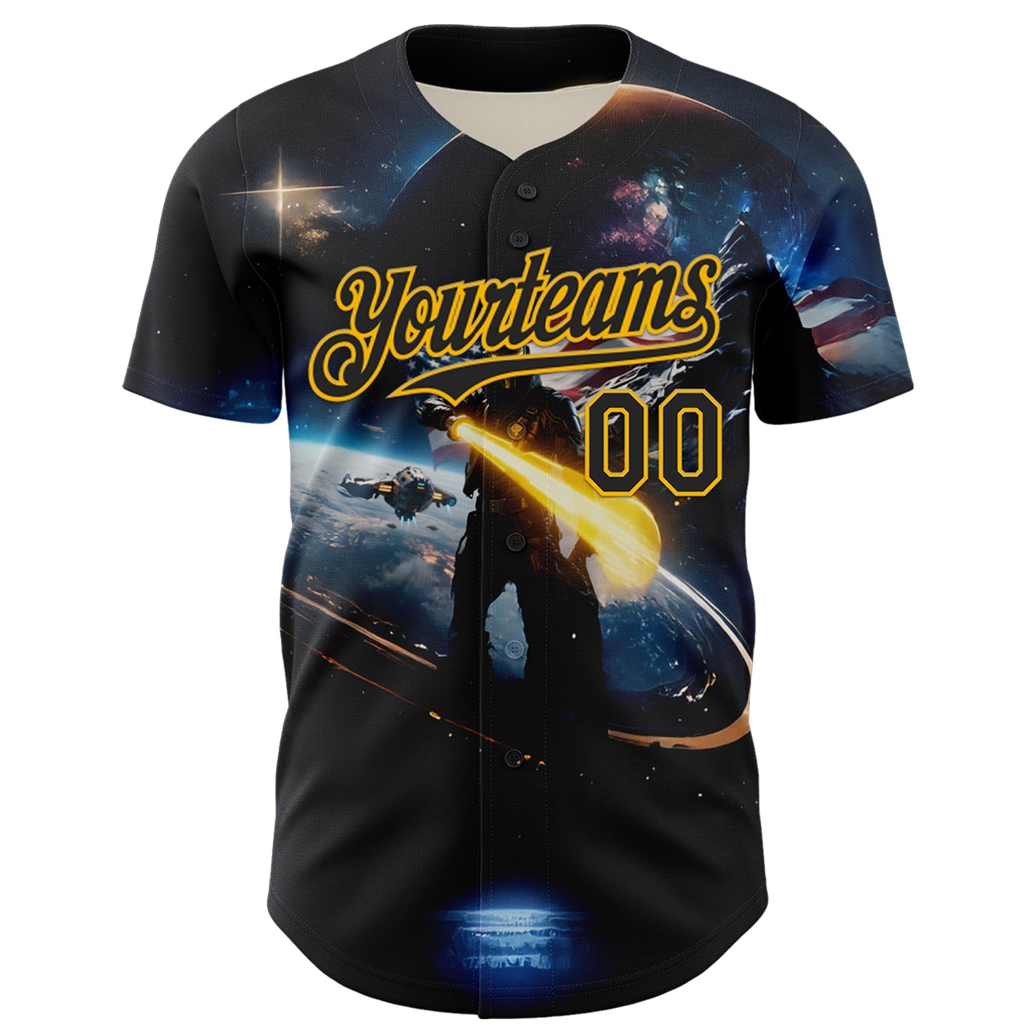 Custom Black Gold 3D Pattern Design Outer Space Light Swords American Flag Authentic Baseball Jersey