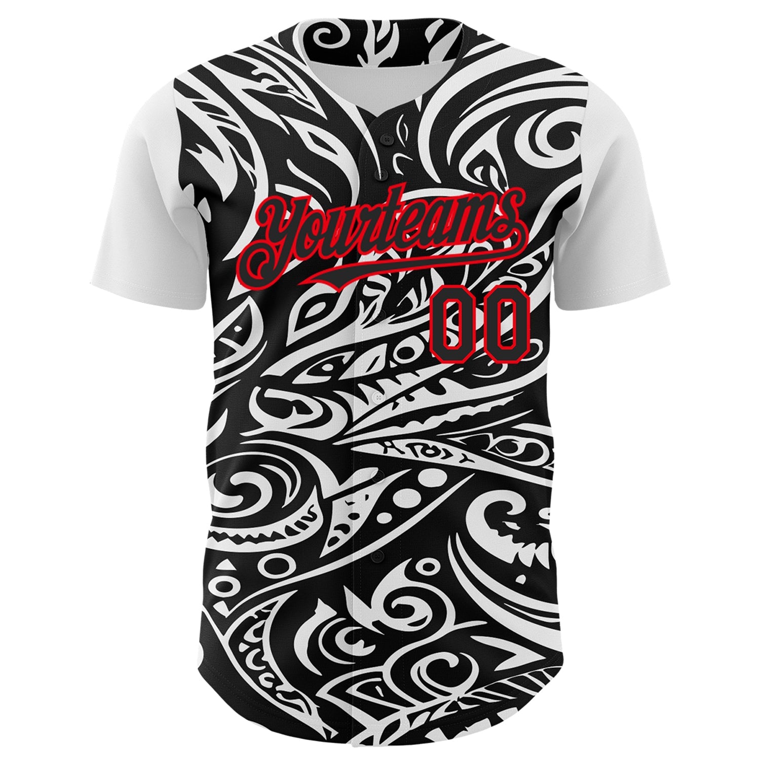 Custom Black White-Fire Red 3D Polynesian Style Islander Authentic Baseball Jersey