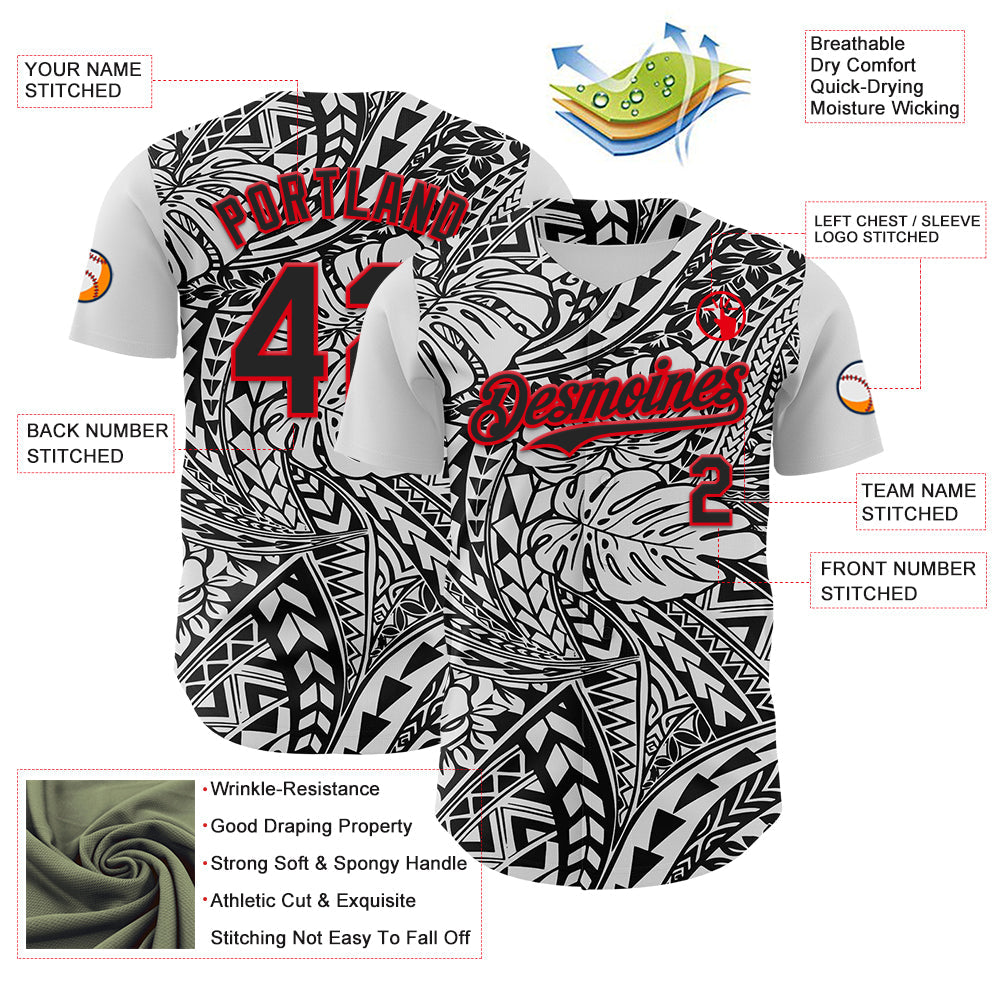 Custom Black White-Fire Red 3D Polynesian Style Islander Authentic Baseball Jersey