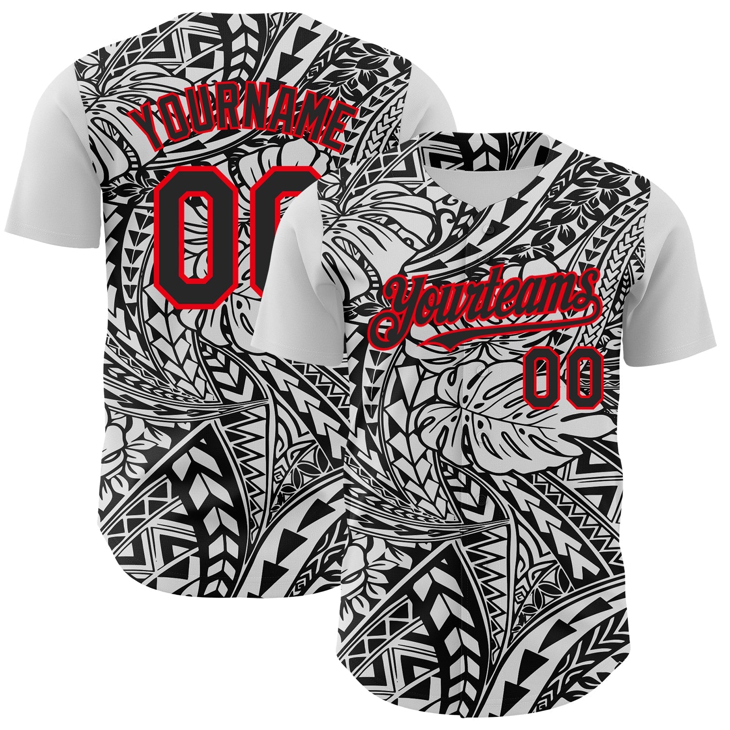 Custom Black White-Fire Red 3D Polynesian Style Islander Authentic Baseball Jersey