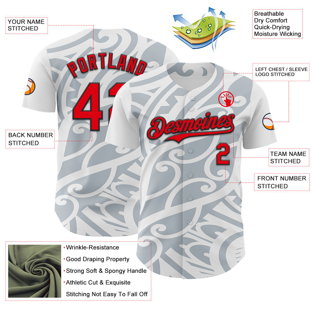 Custom White Fire Red Silver-Black 3D Polynesian Style Islander Authentic Baseball Jersey