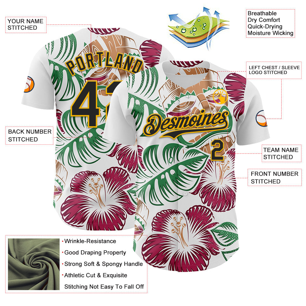 Custom White Black-Gold 3D Polynesian Style Tiki Culture Palm Leaves Islander Authentic Baseball Jersey