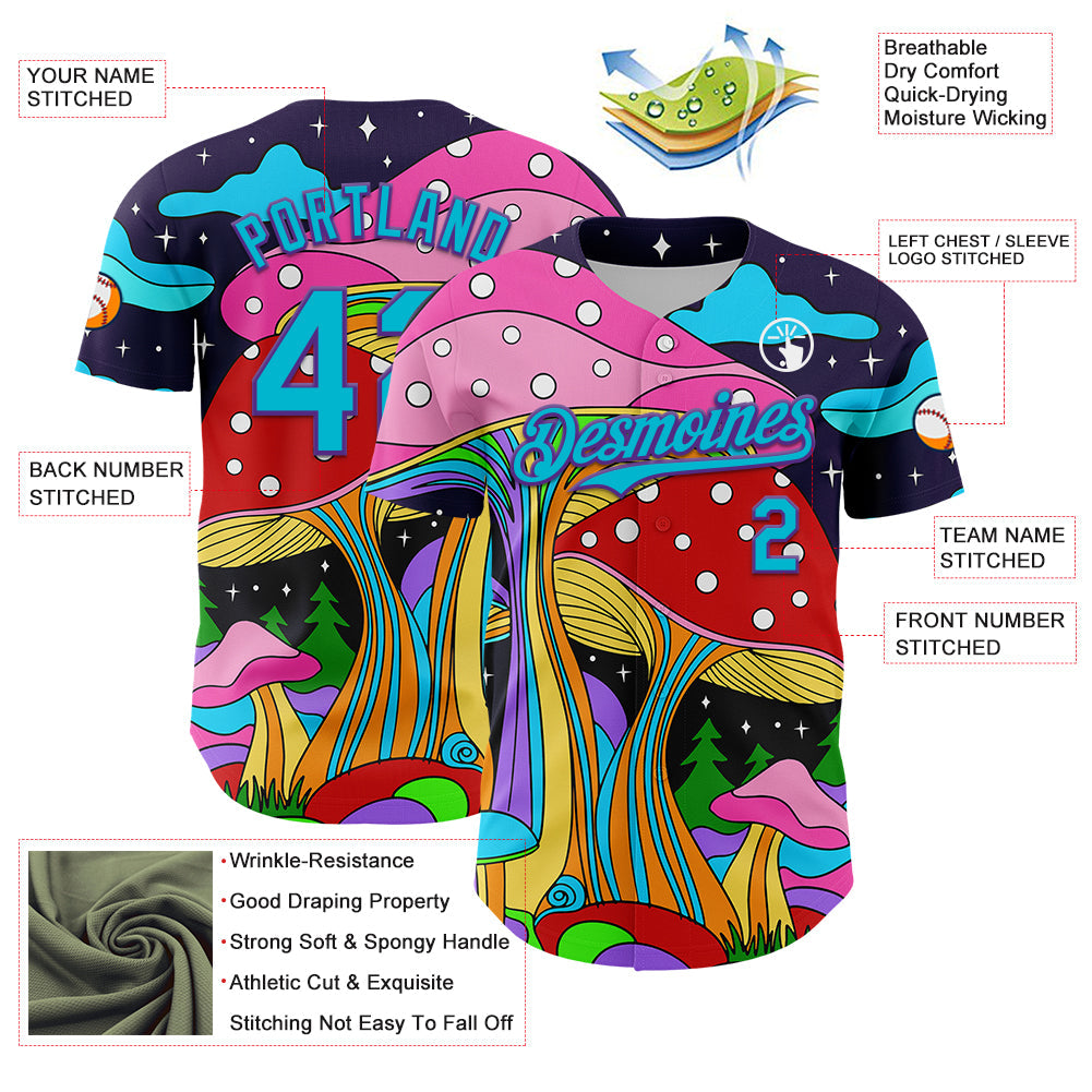 Custom Navy Lakes Blue-Purple 3D Pattern Design Trippy Psychedelic Magic Mushrooms Authentic Baseball Jersey