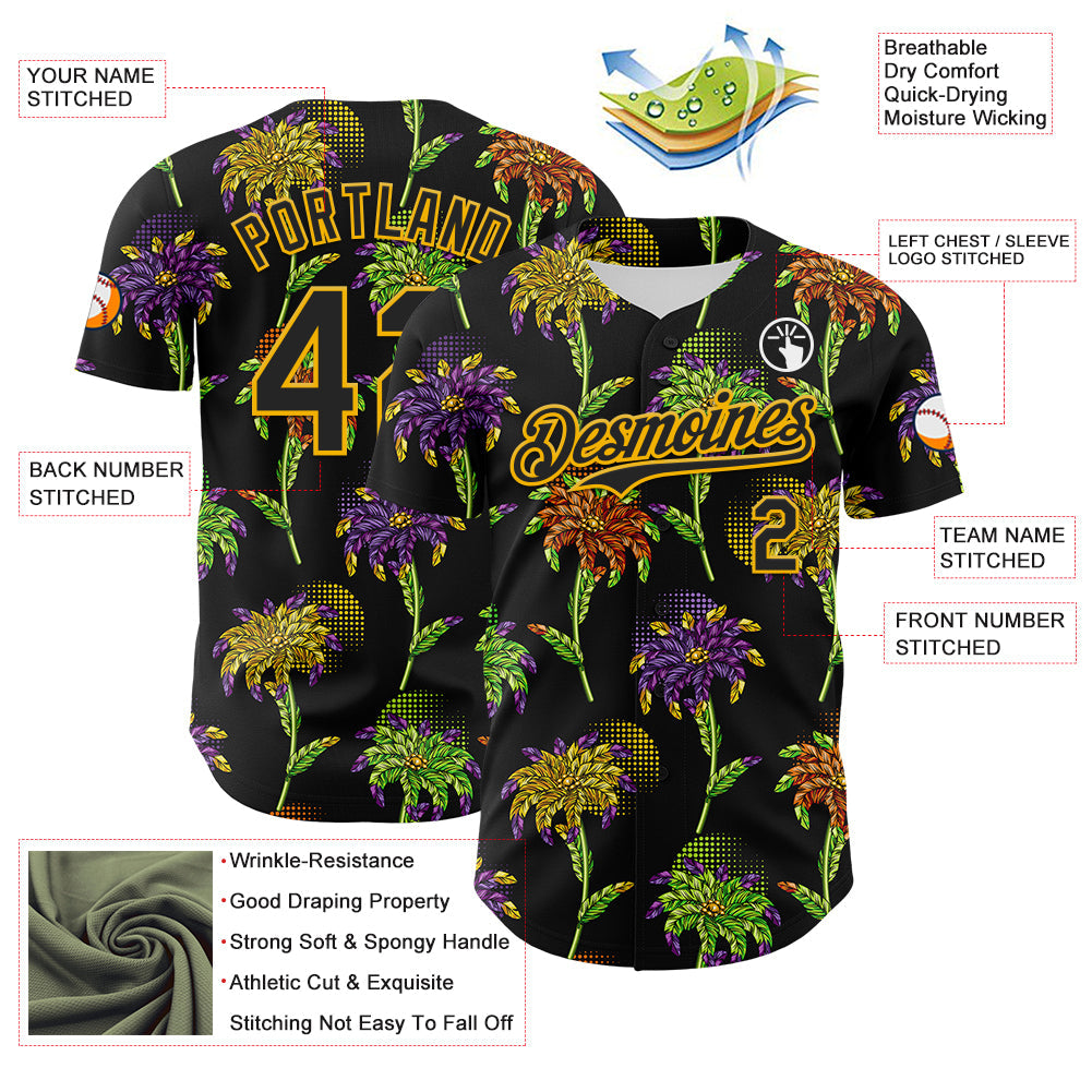 Custom Black Gold 3D Pattern Design Mardi Gras Shrove Tuesday Authentic Baseball Jersey