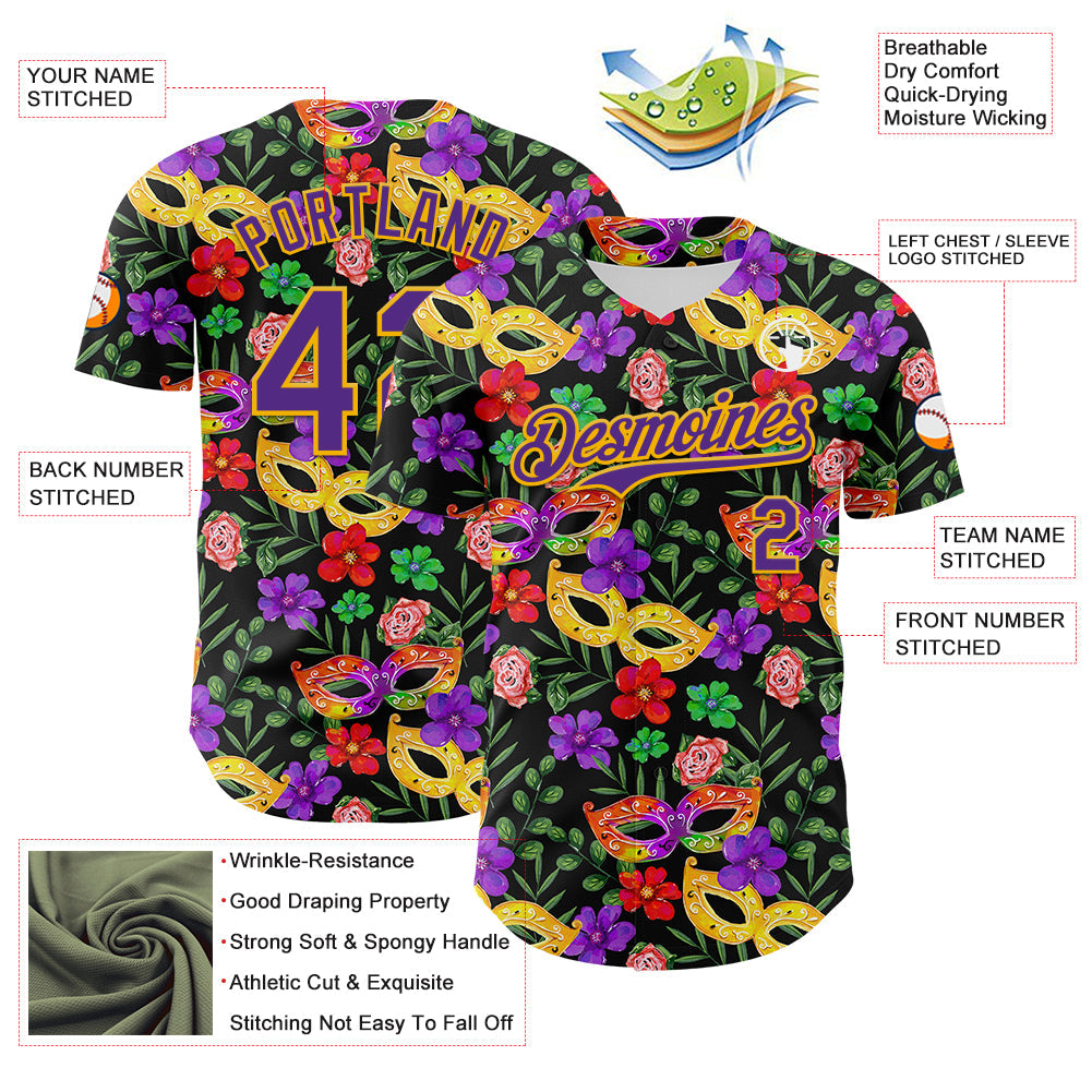 Custom Black Purple-Gold 3D Pattern Design Mardi Gras Shrove Tuesday Authentic Baseball Jersey