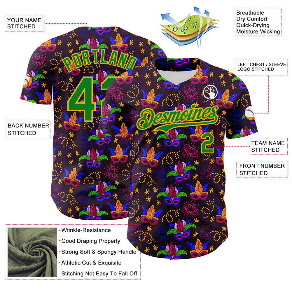 Custom Purple Grass Green-Gold 3D Pattern Design Mardi Gras Shrove Tuesday Authentic Baseball Jersey