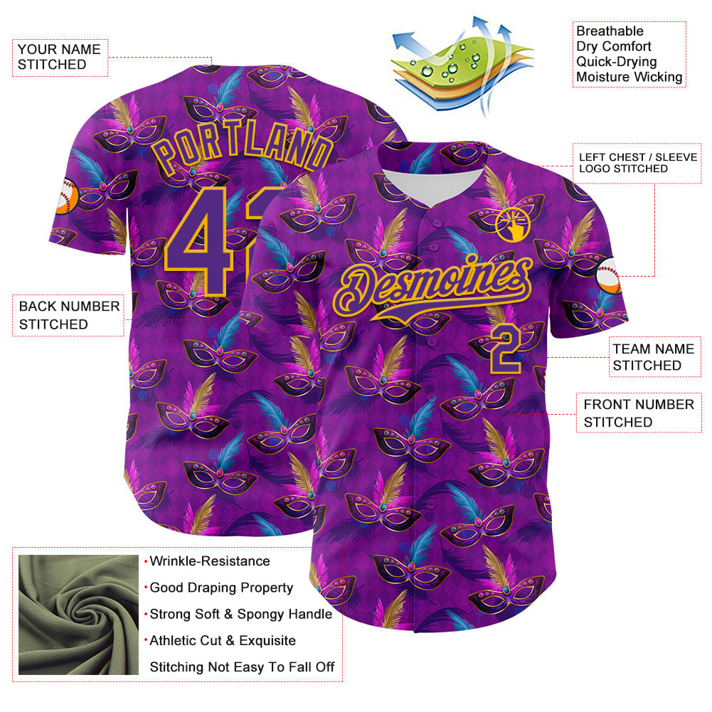 Custom Purple Gold 3D Pattern Design Mardi Gras Shrove Tuesday Authentic Baseball Jersey