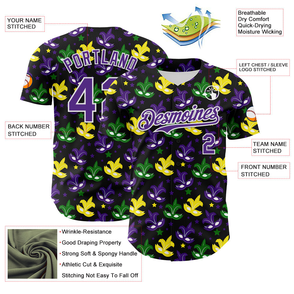 Custom Black Purple-White 3D Pattern Design Mardi Gras Shrove Tuesday Authentic Baseball Jersey