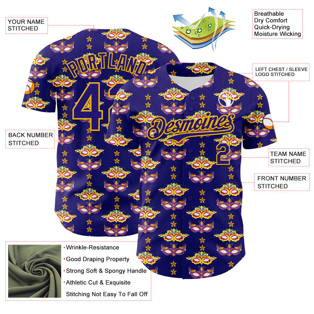 Custom Dark Purple Gold 3D Pattern Design Mardi Gras Shrove Tuesday Authentic Baseball Jersey