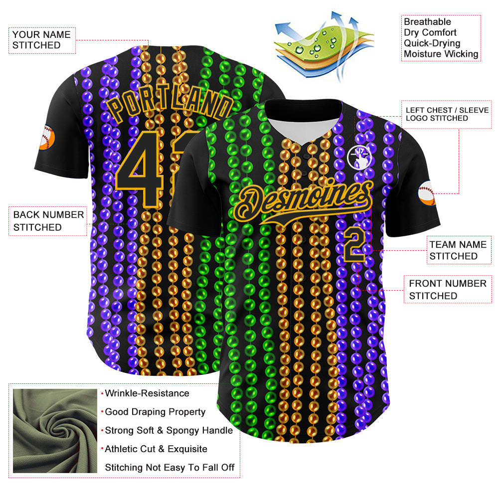 Custom Black Gold 3D Pattern Design Mardi Gras Shrove Tuesday Authentic Baseball Jersey