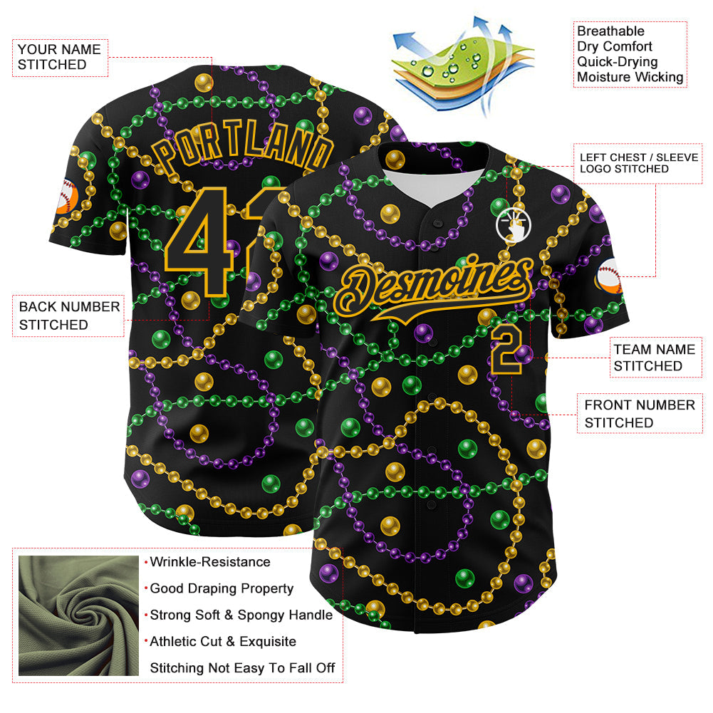 Custom Black Gold 3D Pattern Design Mardi Gras Shrove Tuesday Authentic Baseball Jersey