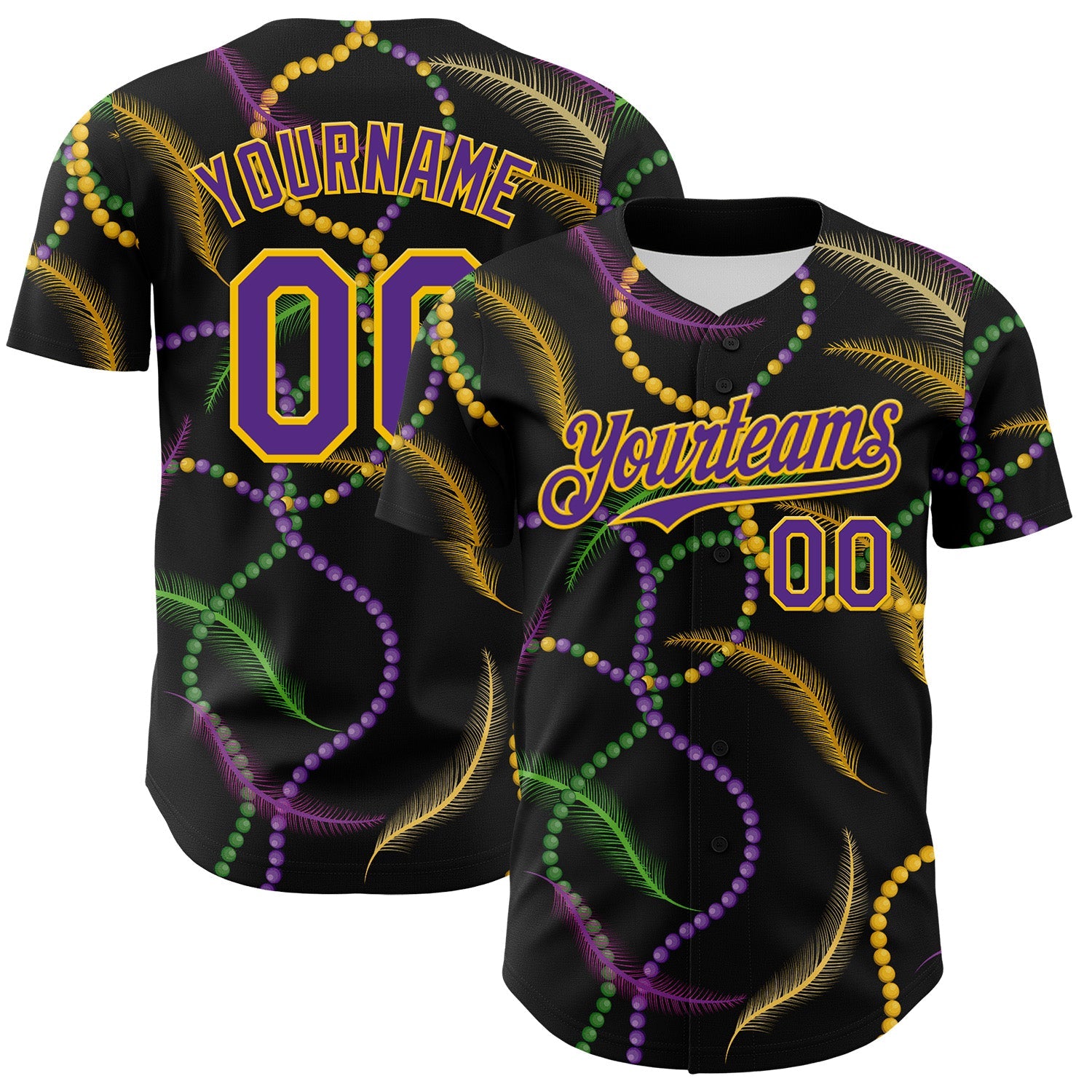 Custom Black Purple-Gold 3D Pattern Design Mardi Gras Shrove Tuesday Authentic Baseball Jersey