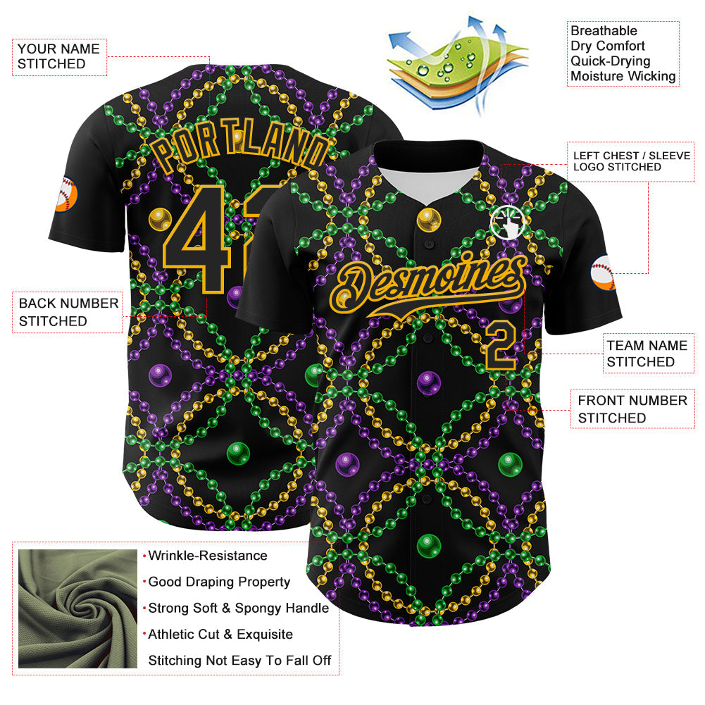 Custom Black Gold 3D Pattern Design Mardi Gras Shrove Tuesday Authentic Baseball Jersey