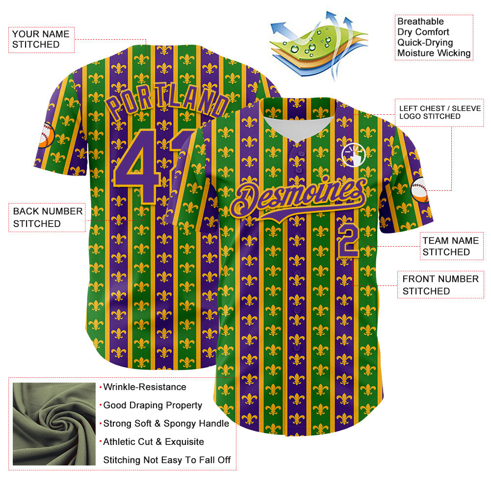 Custom Green Purple-Gold 3D Pattern Design Mardi Gras Shrove Tuesday Authentic Baseball Jersey