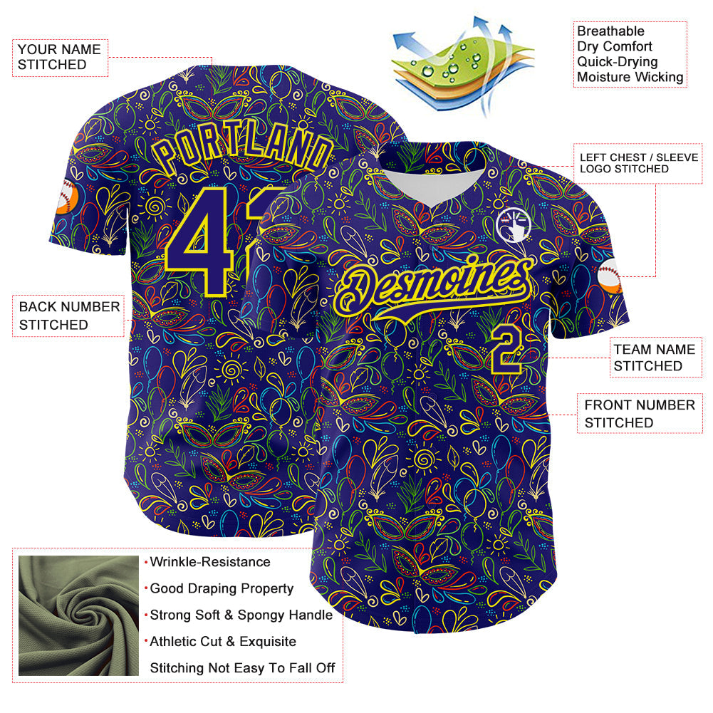 Custom Dark Purple Light Yellow 3D Pattern Design Mardi Gras Shrove Tuesday Authentic Baseball Jersey