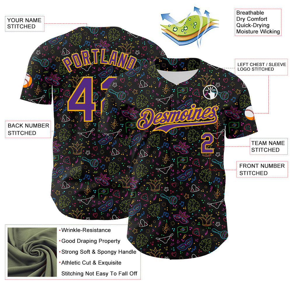 Custom Black Purple-Gold 3D Pattern Design Mardi Gras Shrove Tuesday Authentic Baseball Jersey
