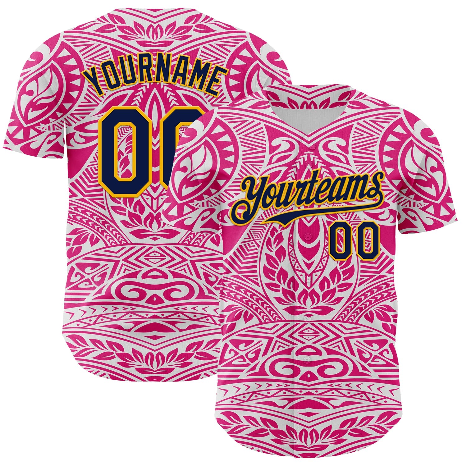 Custom Hot Pink Navy-Gold 3D Pattern Design Burner Costumes Ethnic Floral Authentic Baseball Jersey