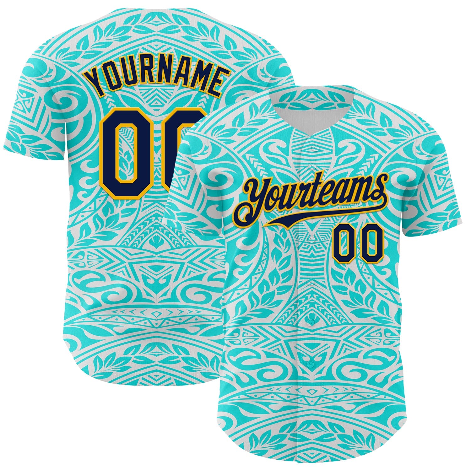 Custom Ice Blue Navy-Gold 3D Pattern Design Burner Costumes Tribal Tattoo Authentic Baseball Jersey