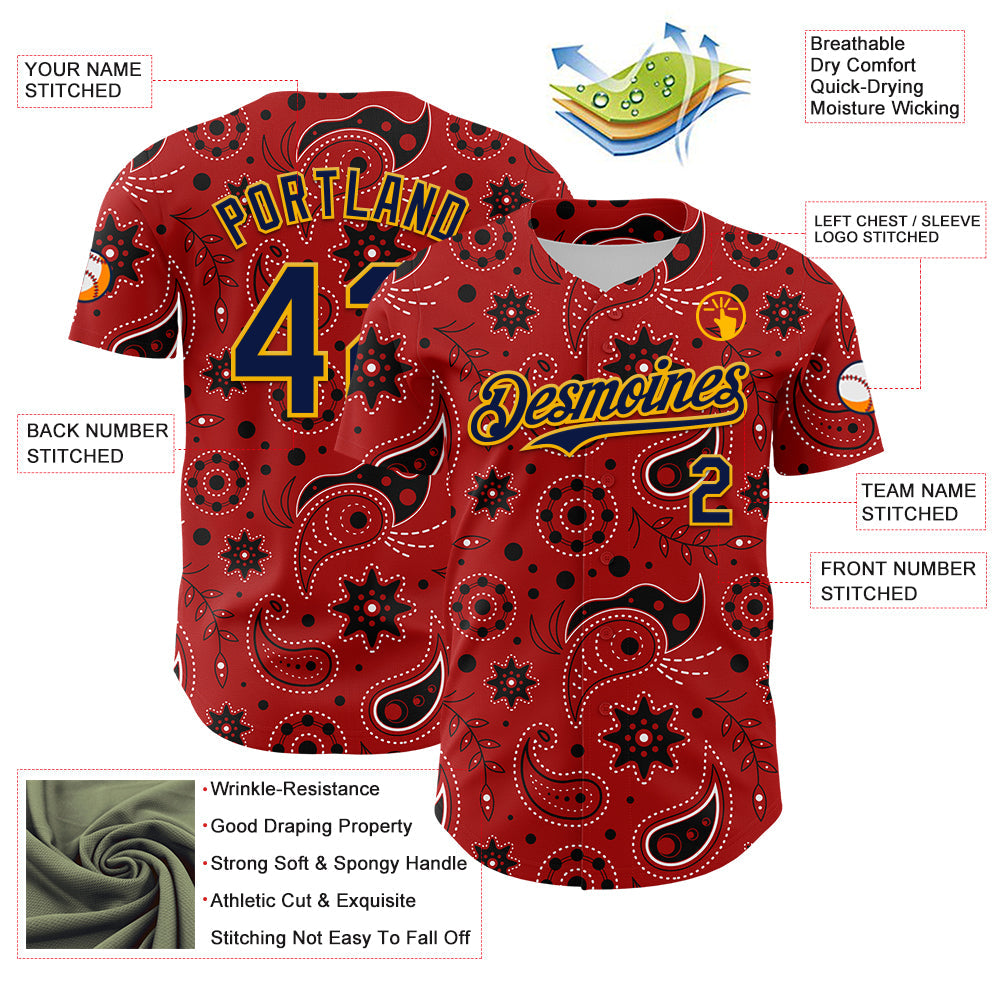 Custom Red Navy-Gold 3D Pattern Design Burner Costumes Paisley Bandana Authentic Baseball Jersey