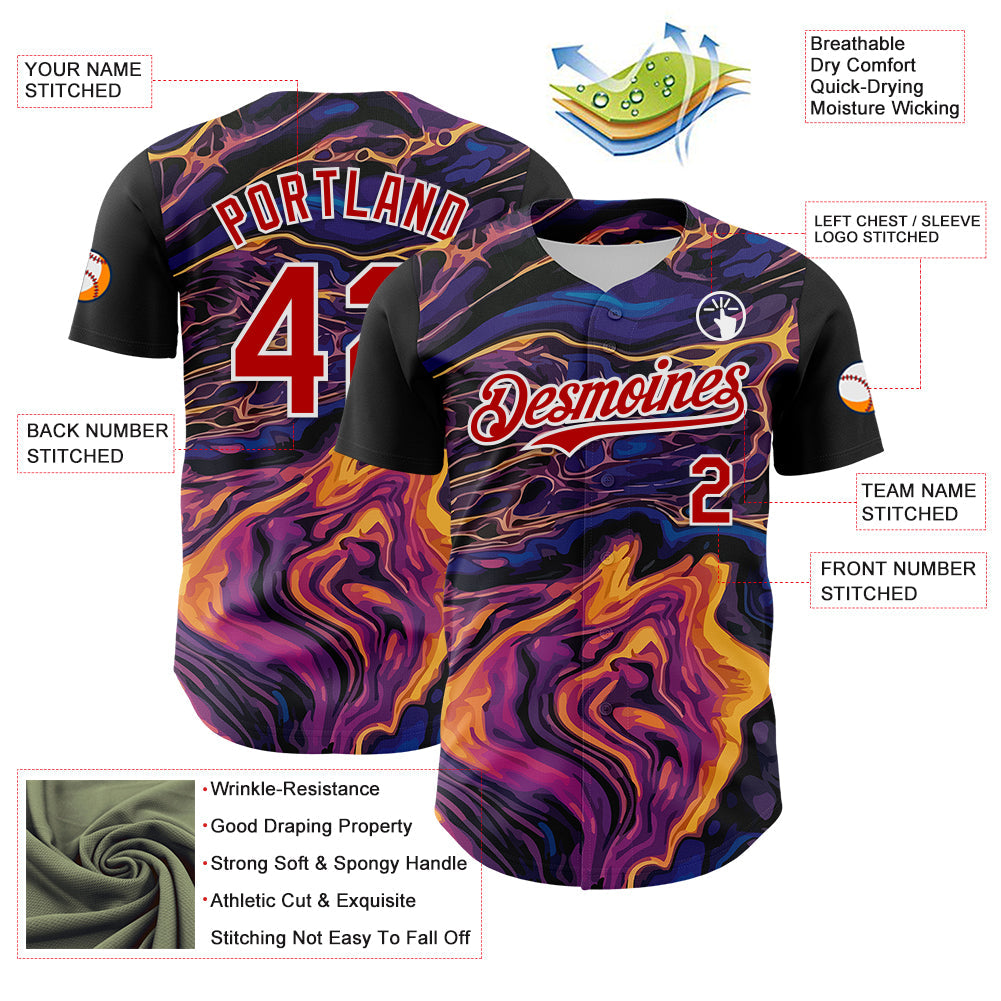 Custom Purple Red-White 3D Pattern Design Burner Costumes Lava Authentic Baseball Jersey