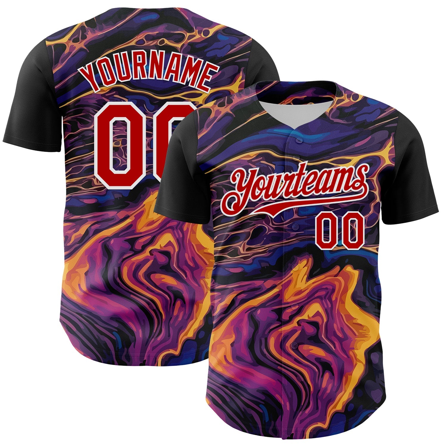 Custom Purple Red-White 3D Pattern Design Burner Costumes Lava Authentic Baseball Jersey