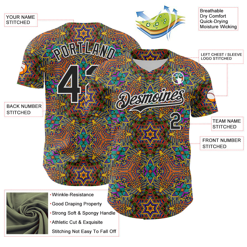Custom Gold Black-White 3D Pattern Design Burner Costumes Trippy Authentic Baseball Jersey