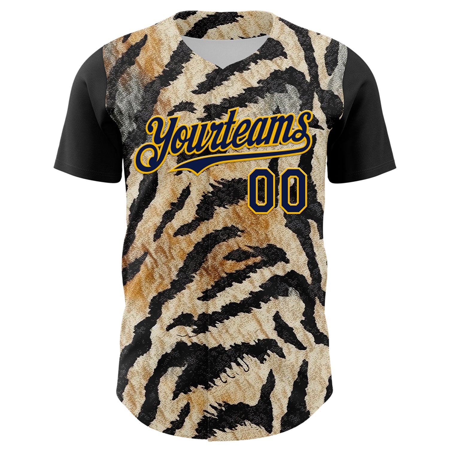 Custom Black Navy-Gold 3D Pattern Design Burner Costumes Tiger Print Authentic Baseball Jersey