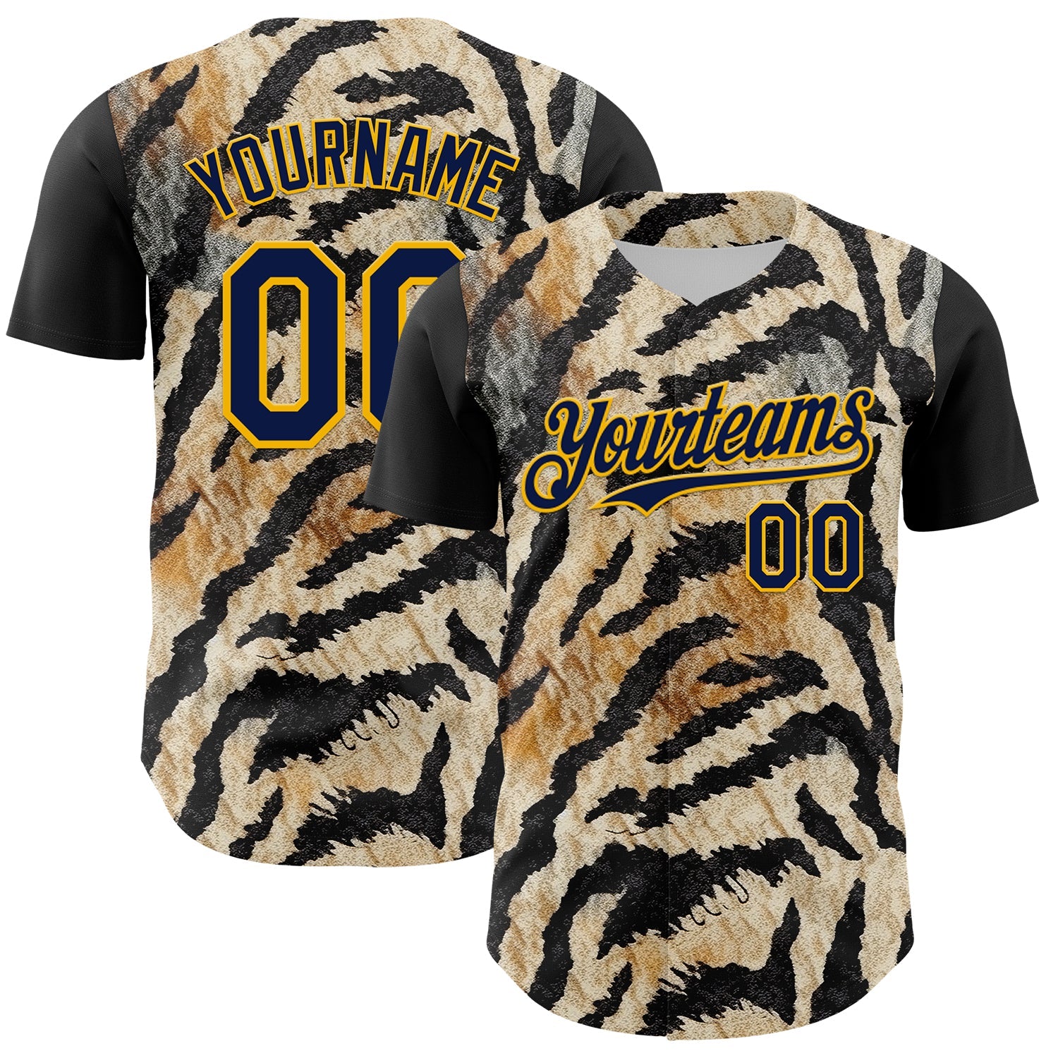 Custom Black Navy-Gold 3D Pattern Design Burner Costumes Tiger Print Authentic Baseball Jersey
