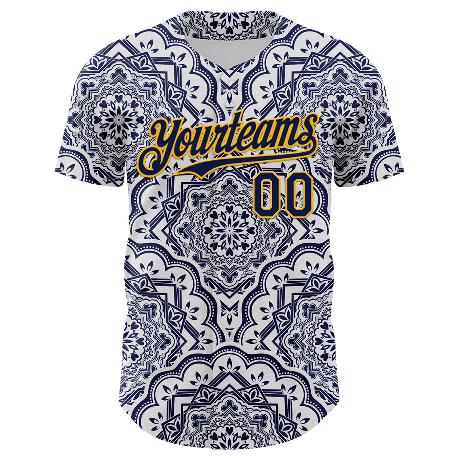 Custom Navy Gold 3D Pattern Design Burner Costumes Damask Authentic Baseball Jersey