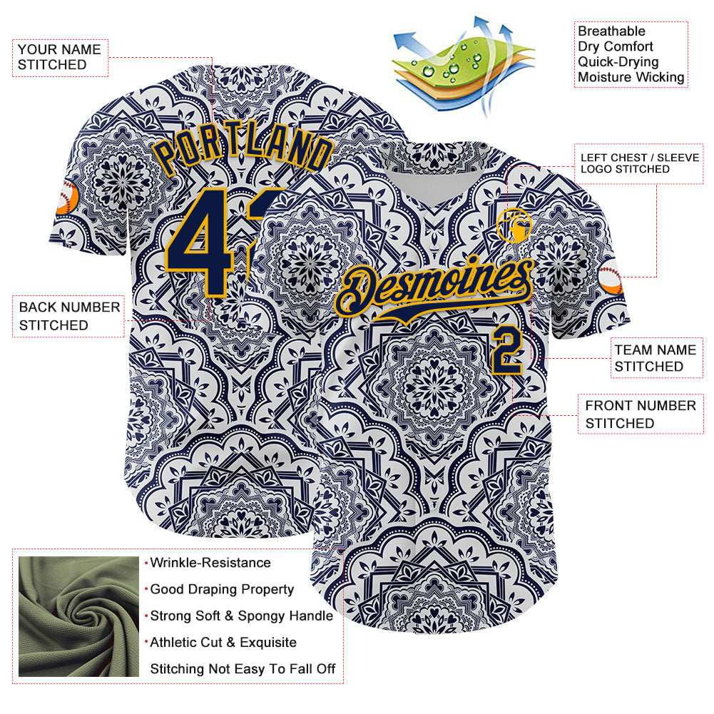 Custom Navy Gold 3D Pattern Design Burner Costumes Damask Authentic Baseball Jersey