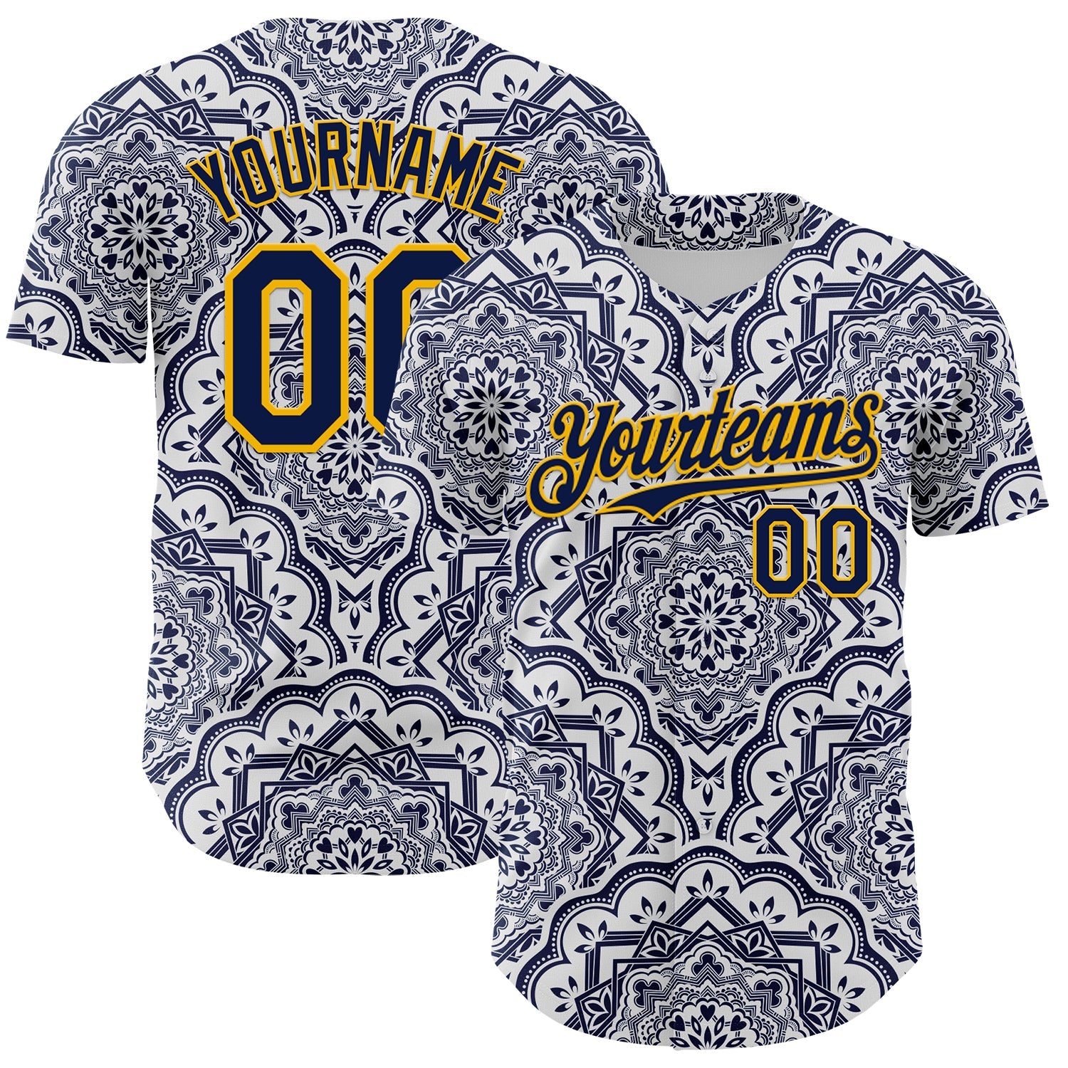 Custom Navy Gold 3D Pattern Design Burner Costumes Damask Authentic Baseball Jersey