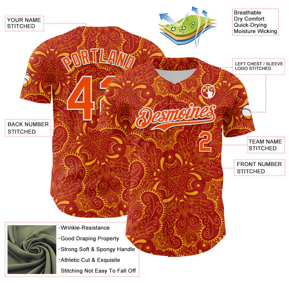 Custom Red Orange Gold-White 3D Pattern Design Burner Costumes Paisley Authentic Baseball Jersey