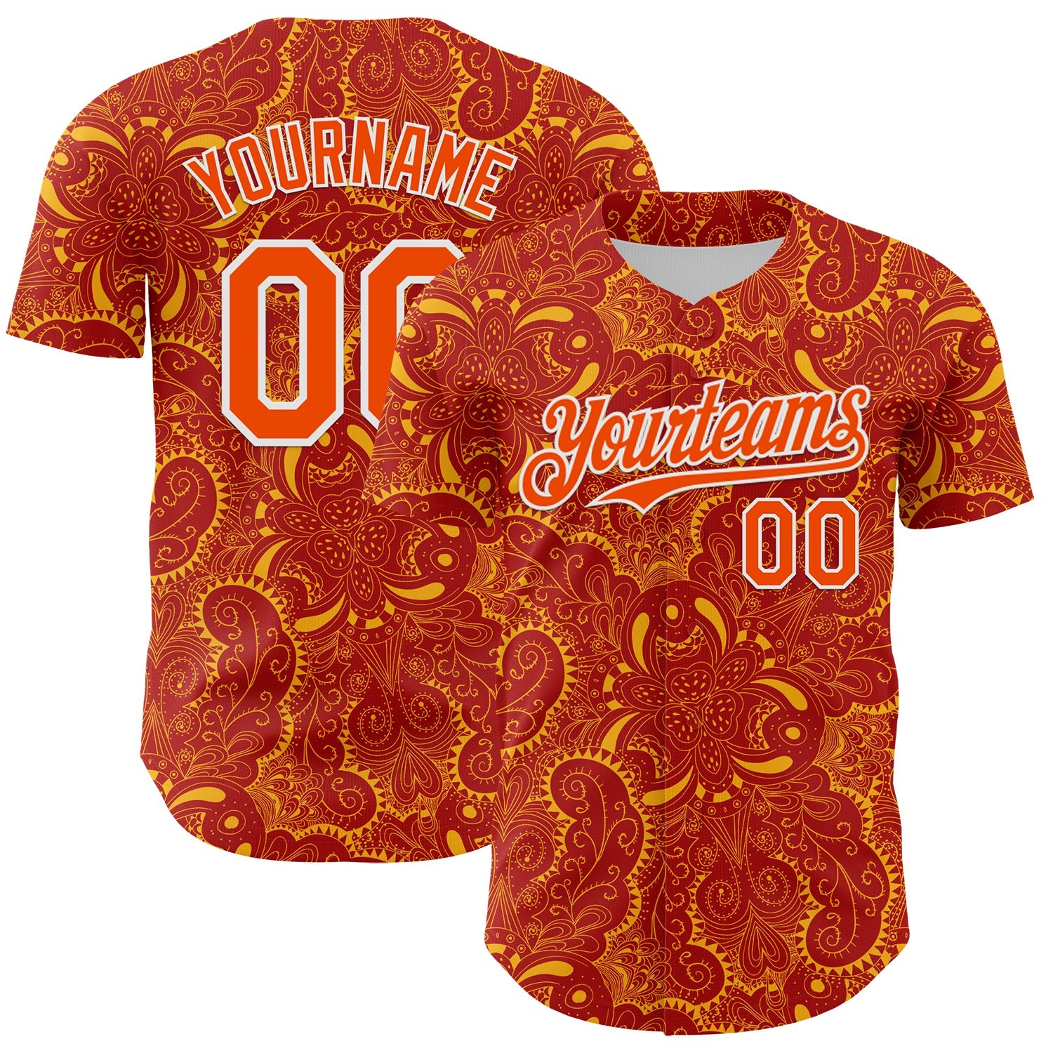 Custom Red Orange Gold-White 3D Pattern Design Burner Costumes Paisley Authentic Baseball Jersey