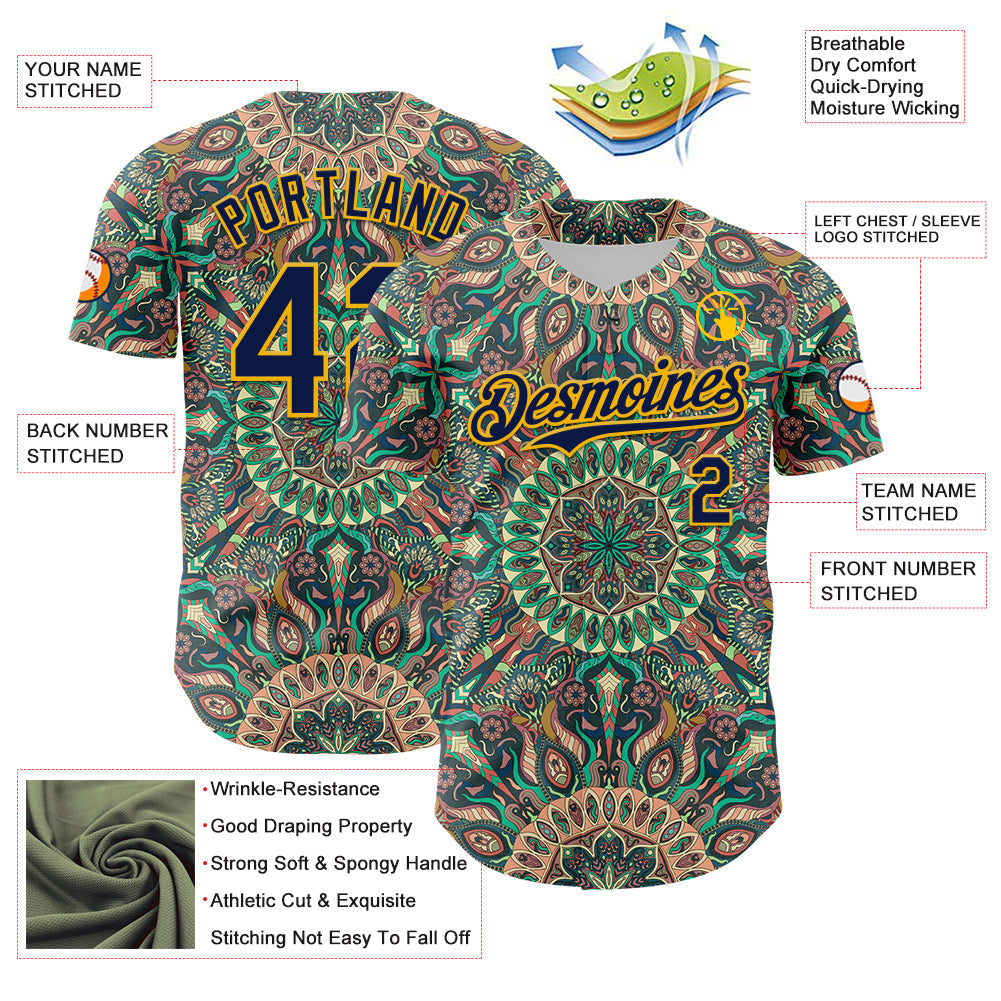 Custom Green Navy-Gold 3D Pattern Design Burner Costumes Psychedelic Authentic Baseball Jersey