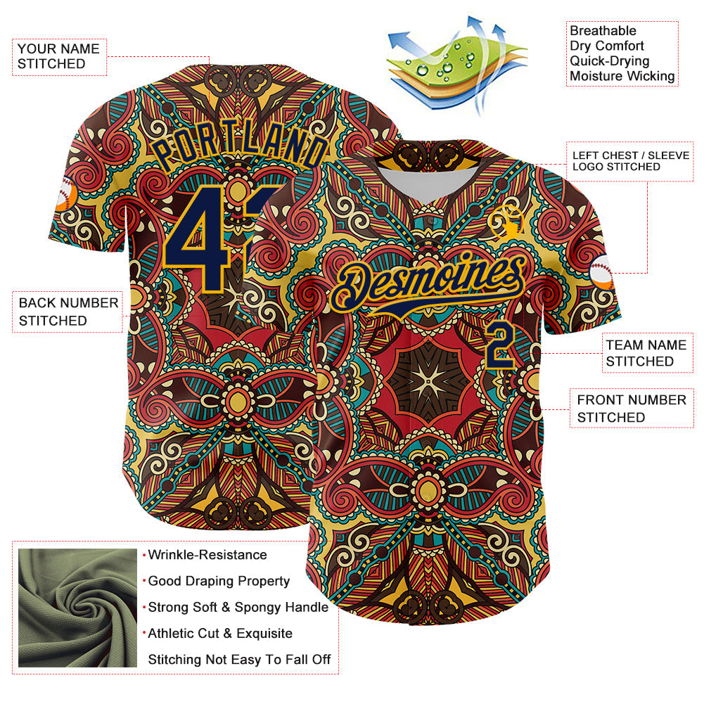 Custom Red Navy-Gold 3D Pattern Design Burner Costumes Exotic Authentic Baseball Jersey