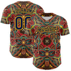 Custom Red Navy-Gold 3D Pattern Design Burner Costumes Exotic Authentic Baseball Jersey