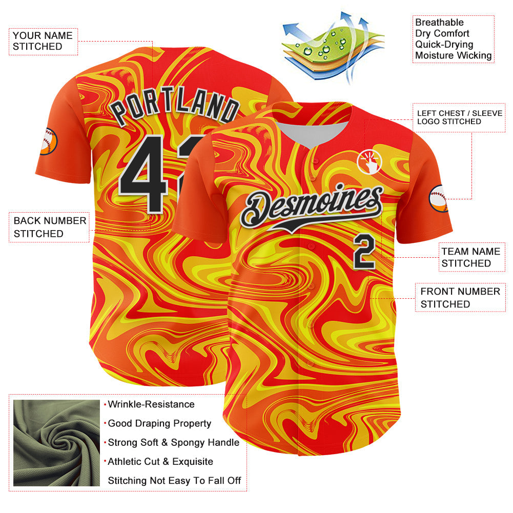 Custom Orange Black Gold-White 3D Pattern Design Rave Party Marble Lava Authentic Baseball Jersey