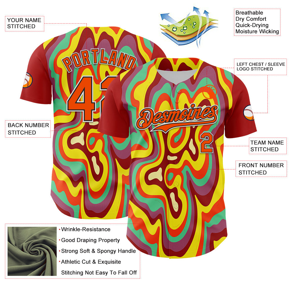 Custom Red Orange Black-White 3D Pattern Design Rave Party Marble Lava Authentic Baseball Jersey