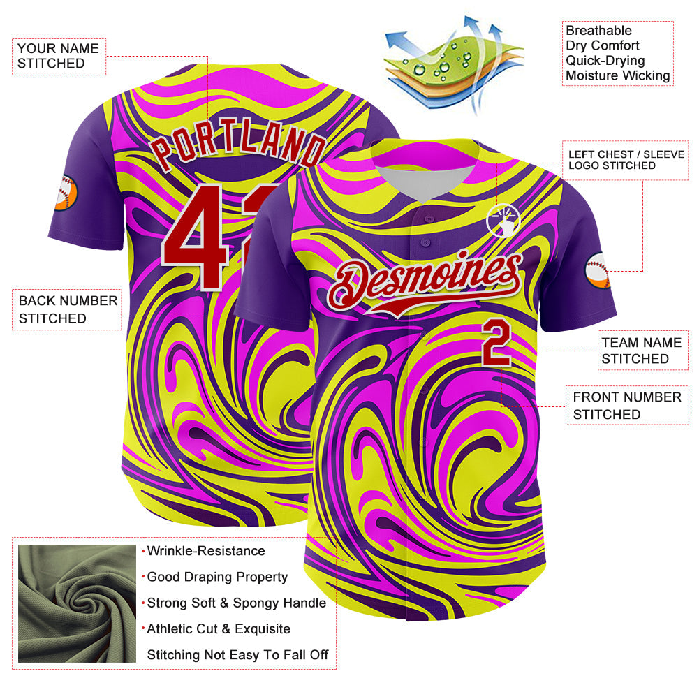 Custom Purple Red-White 3D Pattern Design Rave Party Marble Lava Authentic Baseball Jersey