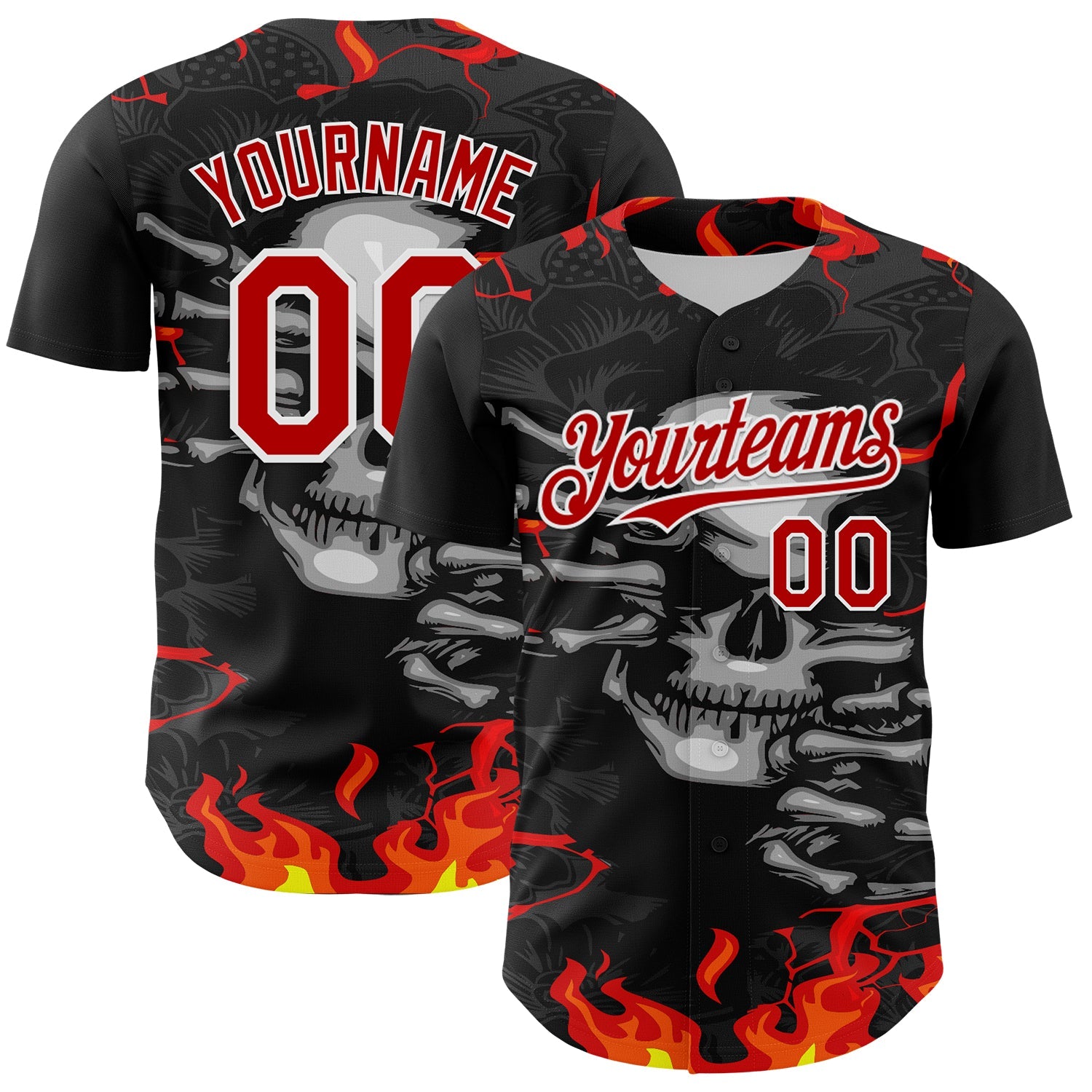 Custom Black Red-White 3D Pattern Design Burner Costumes Hellfire Skull Authentic Baseball Jersey