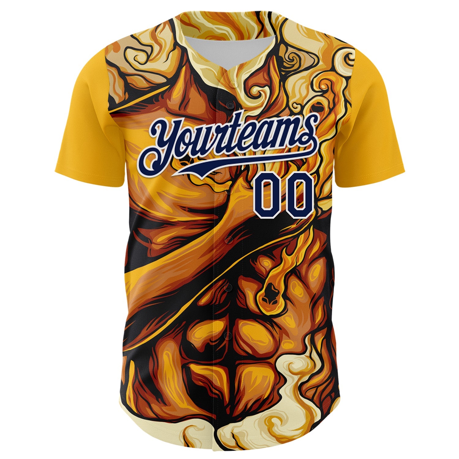 Custom Gold Navy-White 3D Pattern Design Burner Costumes Flame Authentic Baseball Jersey