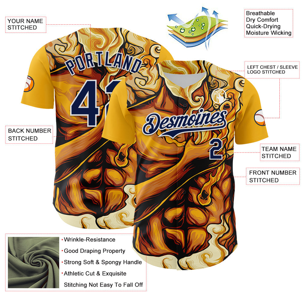 Custom Gold Navy-White 3D Pattern Design Burner Costumes Flame Authentic Baseball Jersey