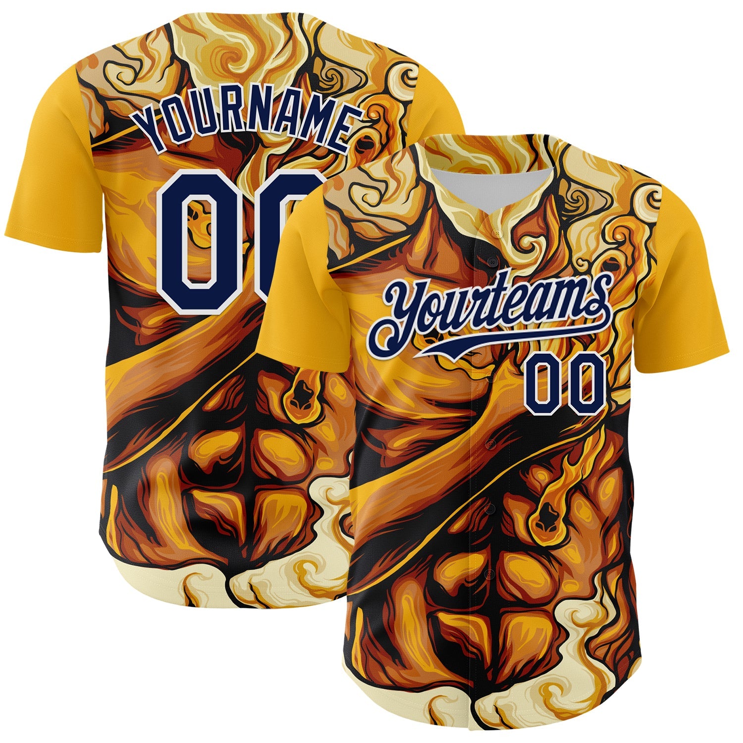 Custom Gold Navy-White 3D Pattern Design Burner Costumes Flame Authentic Baseball Jersey