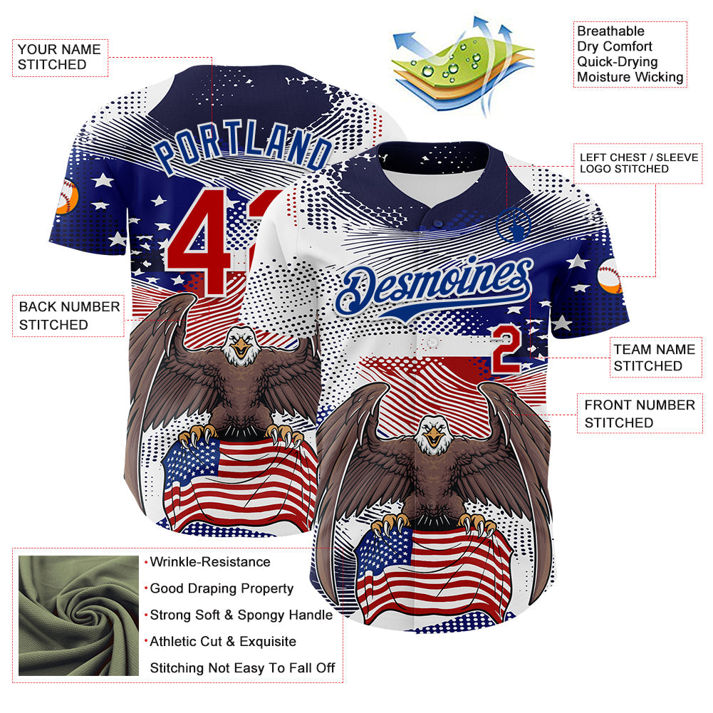 Custom White Red-Royal 3D American Flag National Symbols Bald Eagle Authentic Baseball Jersey